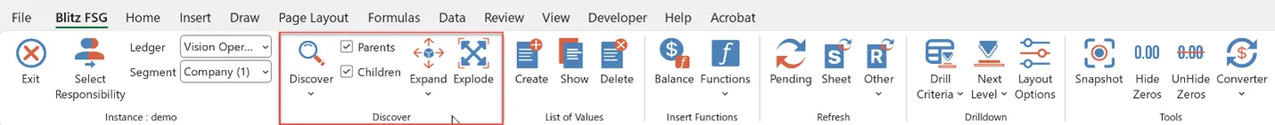Blitz FSG Discover feature populating chart of accounts values and period names in Excel