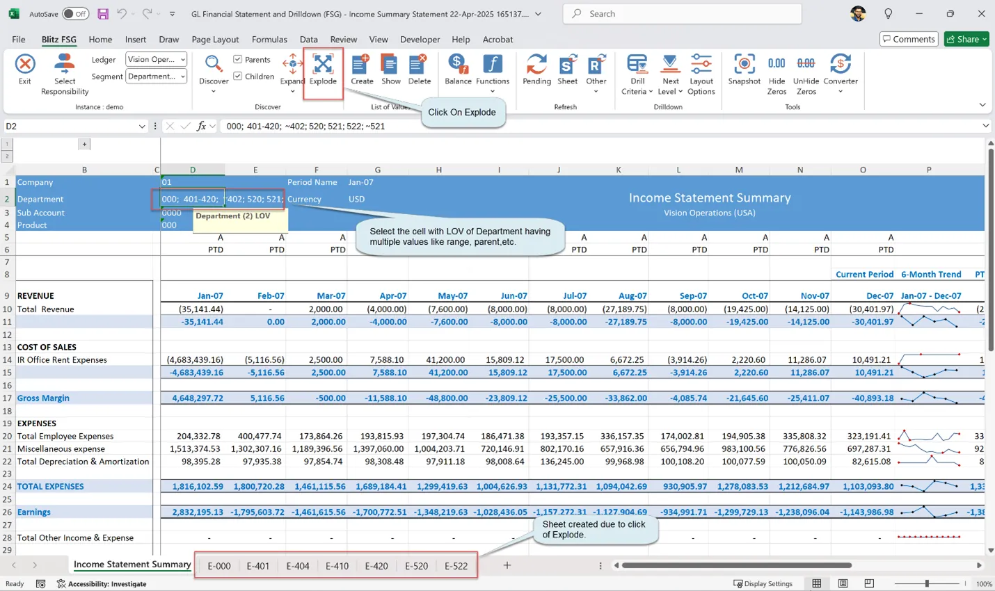 Blitz FSG Explode feature expanding a segment value across every descendant in Excel
