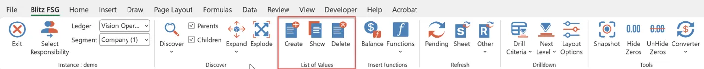 Blitz FSG List of Values ribbon tools for segment value selection in Excel