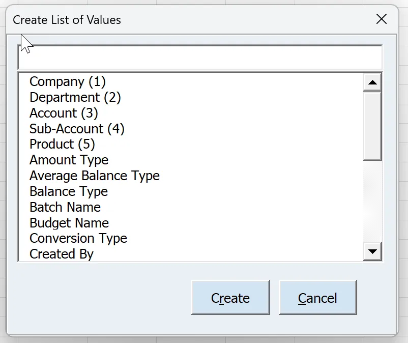 The ‘Create’ feature converts a cell into a List of Values (LOV) cell