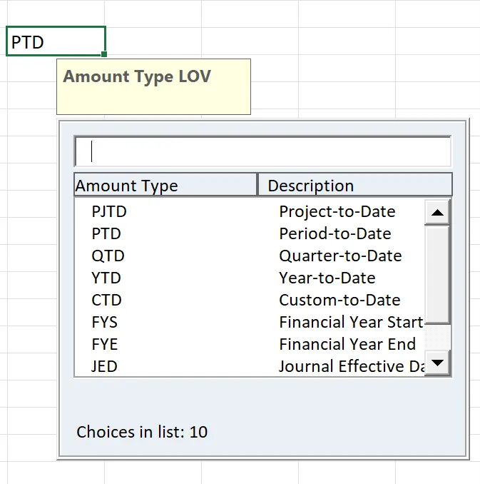 Blitz FSG Single Value LOV window selecting one segment value for an Excel cell