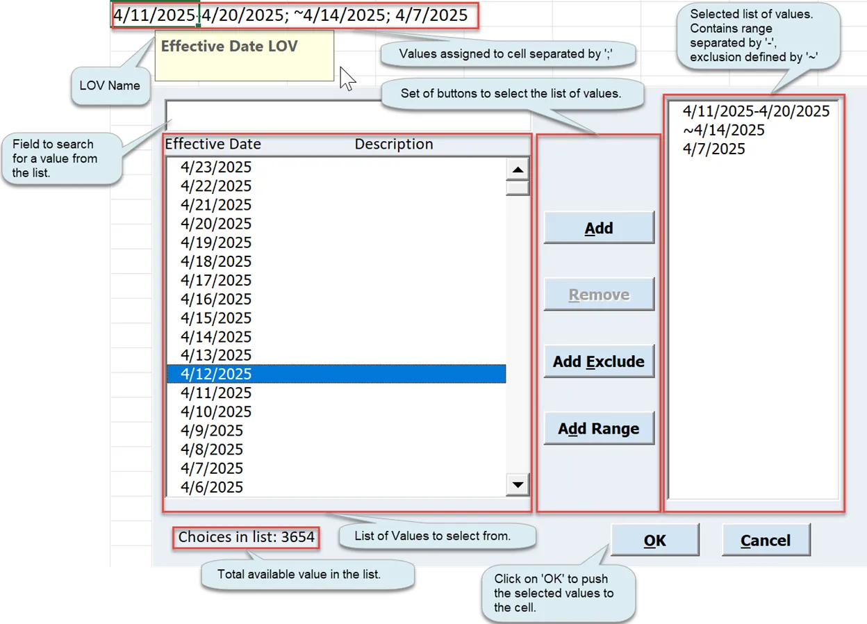 Blitz FSG Multiple Values LOV window selecting several segment values for an Excel cell