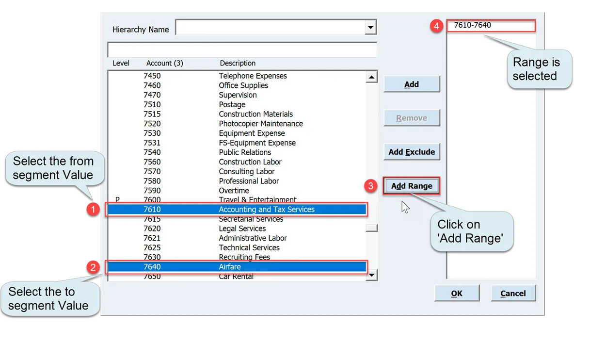 Select from and to values from the list, then click 'Add Range' to form your chosen value range.
