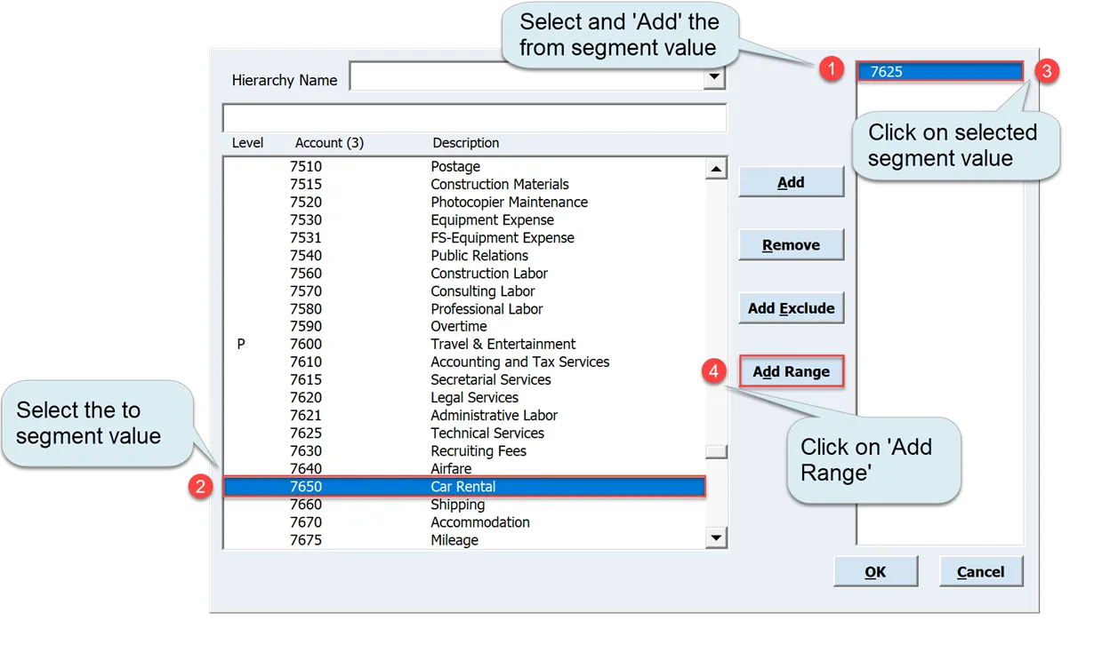 Select and 'Add' the from value, then the to value, click on selected value and finally click on 'Add Range' to form your chosen value range.