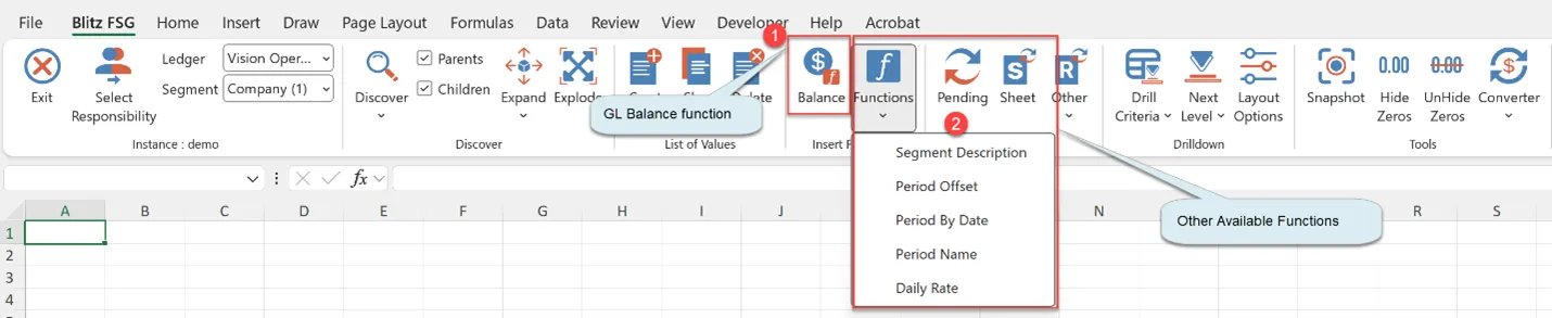 Blitz FSG Insert Functions ribbon group with balance, segment description and date helpers