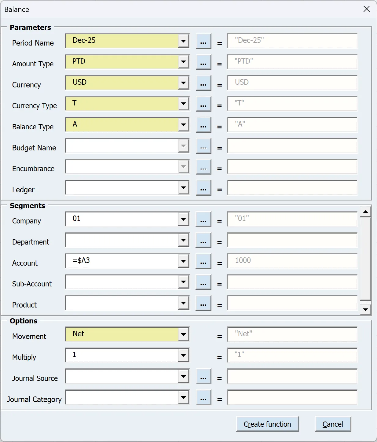 Blitz FSG balance function inserting a GL balance formula into an Excel cell