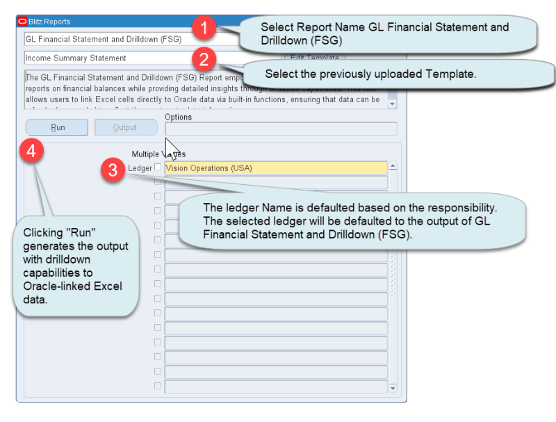 Running the GL Financial Statement and Drilldown (FSG) Report for uploaded templates in Blitz Report