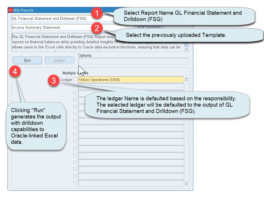 Running the GL Financial Statement and Drilldown (FSG) Report for uploaded templates in Blitz Report