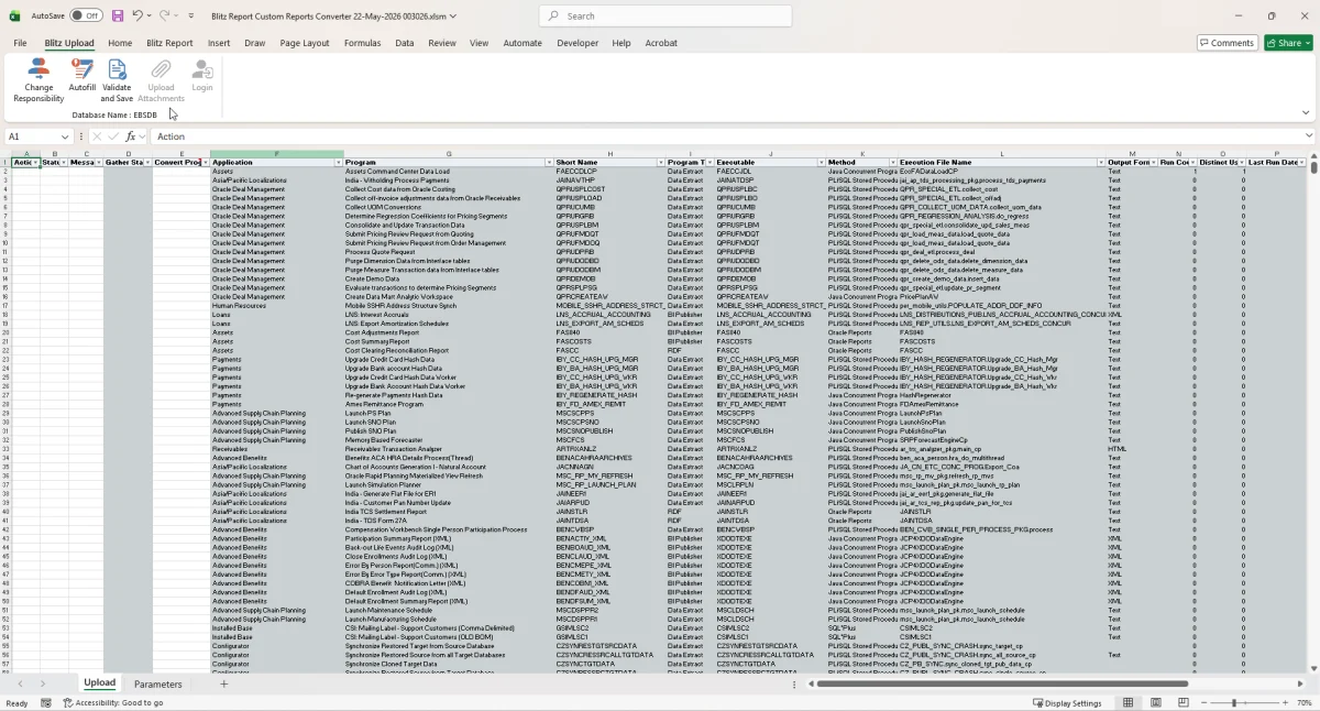 Custom Reports Converter template with one row per concurrent program and its usage