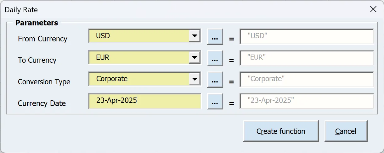 Blitz FSG daily rate function returning the GL daily conversion rate for a currency pair