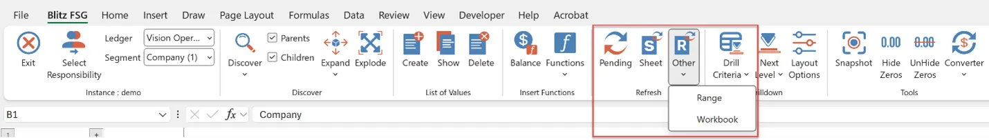 Blitz FSG Refresh button on the Excel ribbon recalculating all balance and drilldown formulas