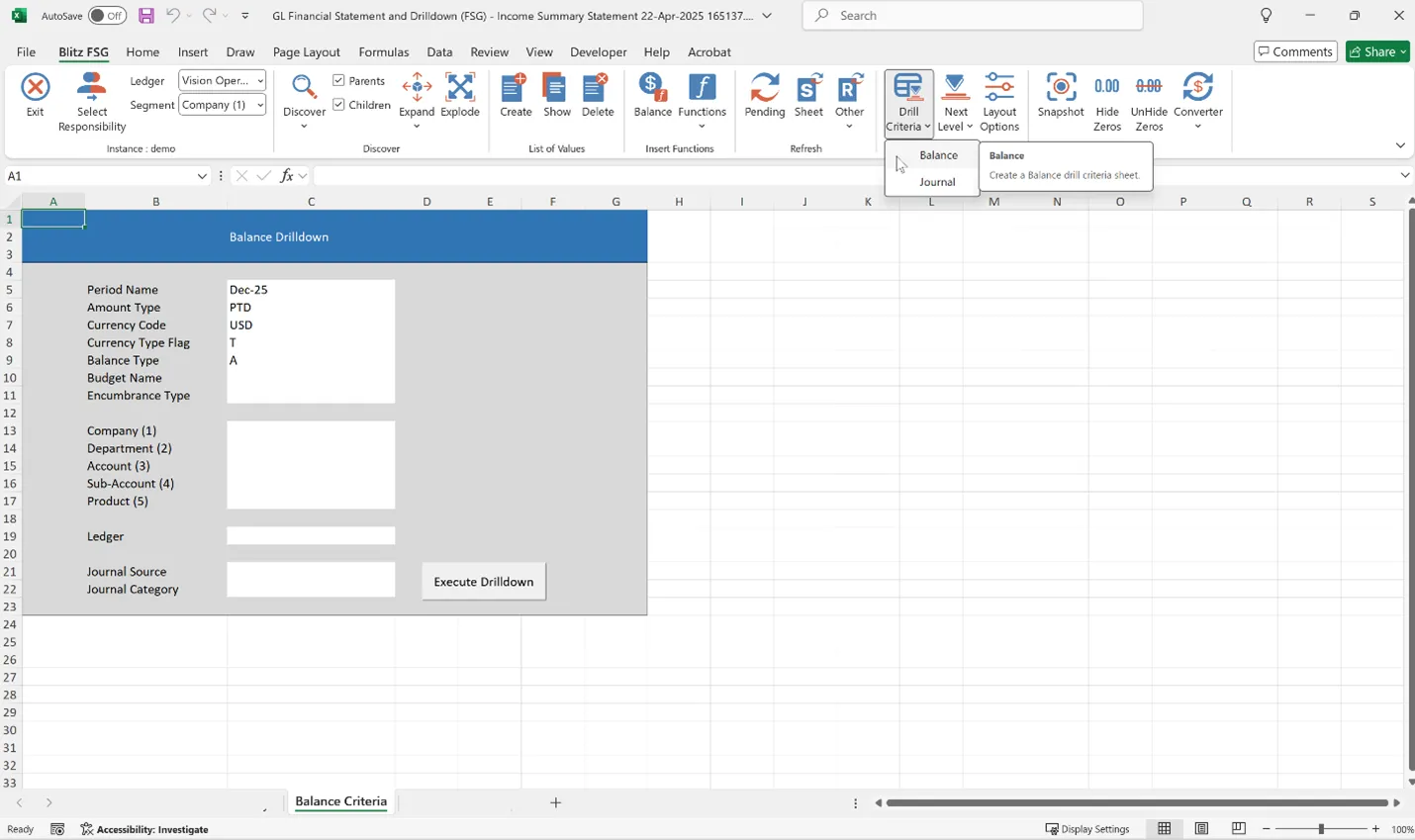 Blitz FSG Balance Drill criteria dialog selecting filters for drilling a GL balance cell