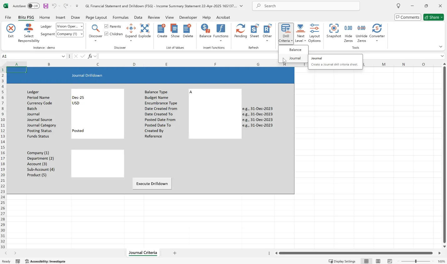 Blitz FSG Journal Extract Drill criteria dialog selecting filters for extracting GL journals