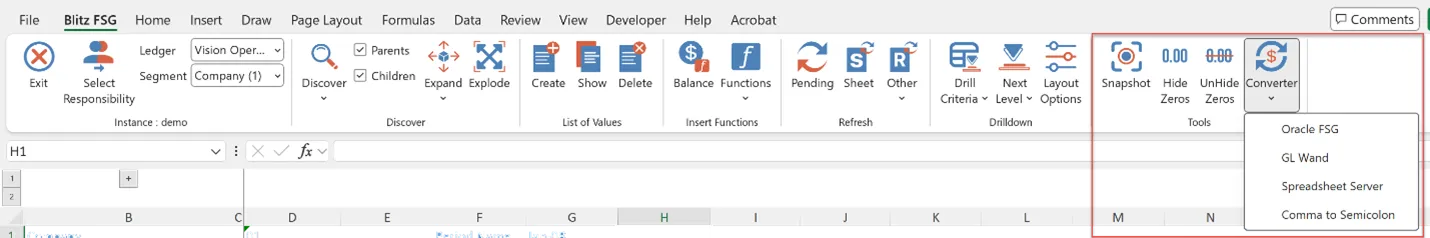 Blitz FSG Tools ribbon group with conversion, refresh and formula utilities