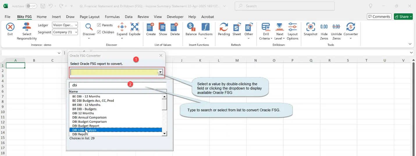 Typing to search or selecting from the list to convert an existing Oracle FSG report to Blitz FSG