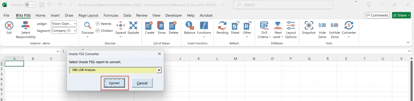 Clicking Convert to migrate a selected Oracle FSG report to a Blitz FSG Excel template