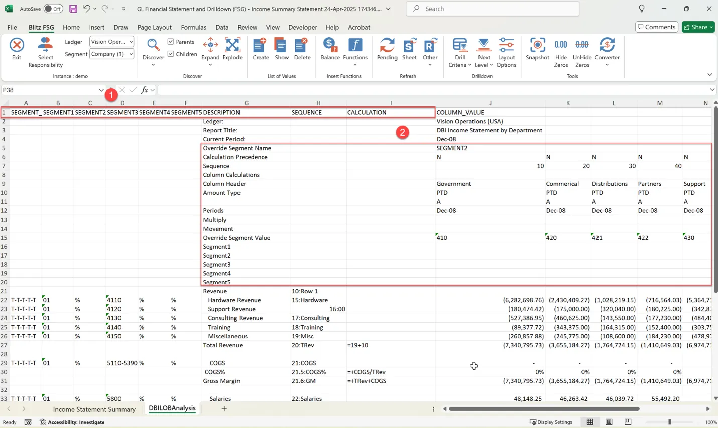 This will identify the Oracle FSG report’s row set, column set, and content set
