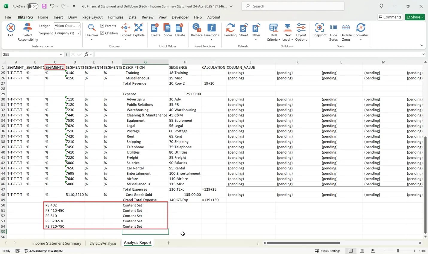 Blitz FSG content set information sheet listing the Oracle FSG content set values in the template