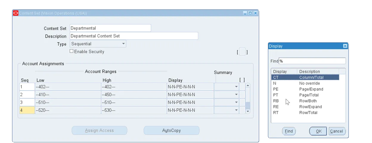 Blitz FSG content set details showing the segment values produced for the Oracle FSG content set