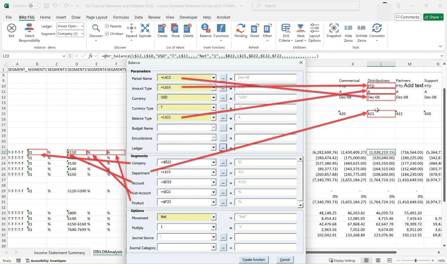 Blitz FSG balance formula inserted in the Excel template after Oracle FSG conversion