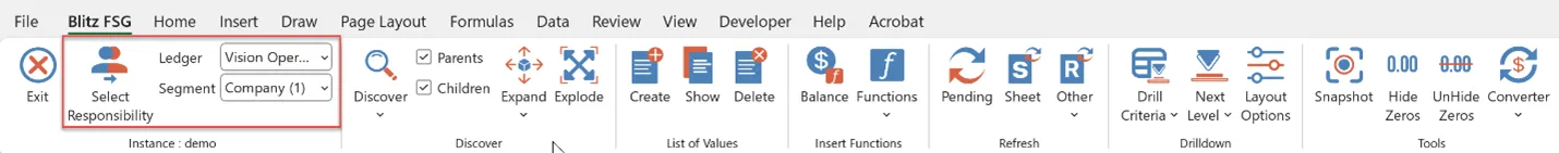 Blitz FSG responsibility, ledger and segment selector panel in the Excel ribbon
