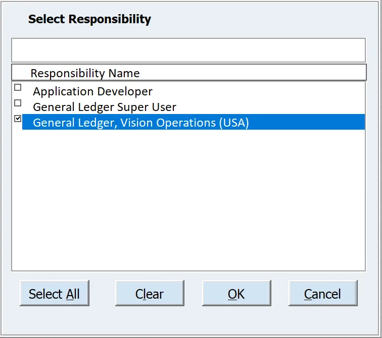 Selecting the Oracle EBS responsibility to run Blitz FSG balance queries under