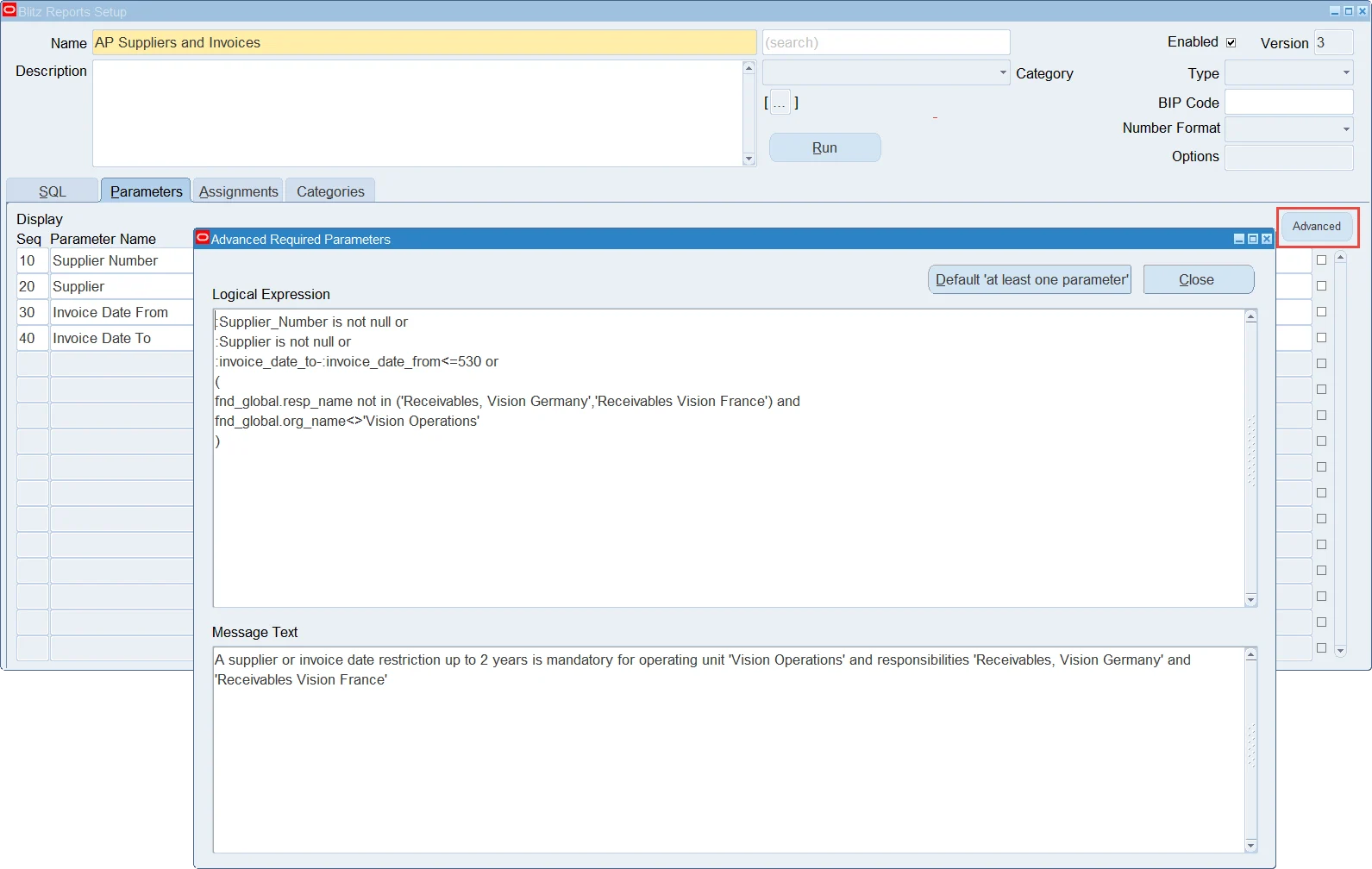 Blitz Report Advanced Required Parameters restriction enforcing at-least-one parameter combinations