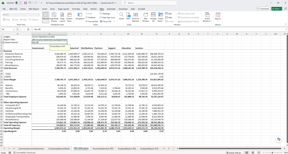 Income statement by department in Blitz FSG, with the period as a parameter cell