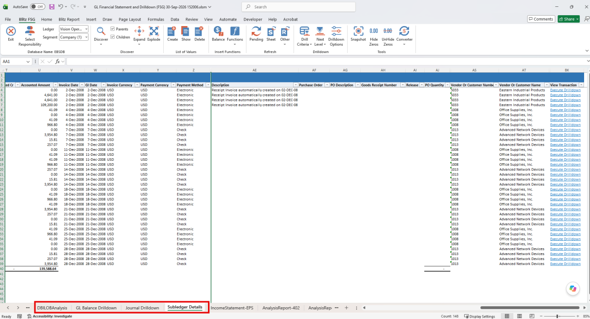 Subledger Details drilldown with View Transaction links to the EBS form