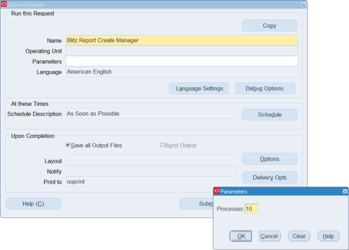 Submitting the Blitz Report Create Manager concurrent program to create a dedicated concurrent manager