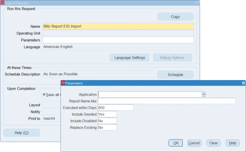 Blitz Report EIS Import concurrent program parameters