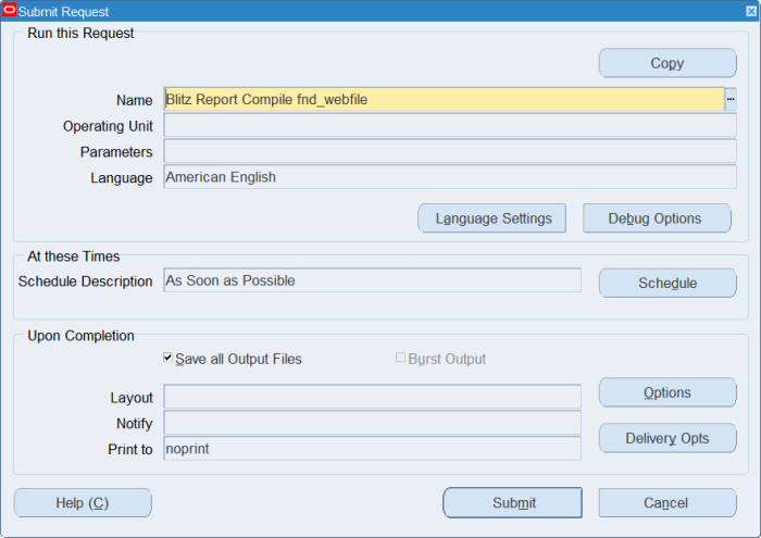 Running the Blitz Report Compile FND_WEBFILE concurrent program to restore missing customizations