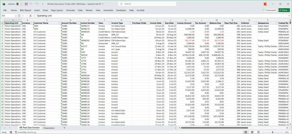 Excel output file produced by a Blitz Report concurrent request in Oracle EBS