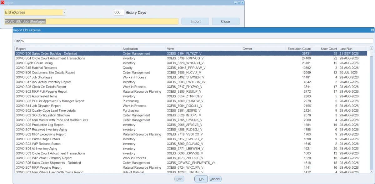 Tools Import window listing EIS eXpress reports