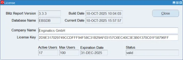 Applying the Blitz Report license key in the Oracle EBS Blitz Report setup form
