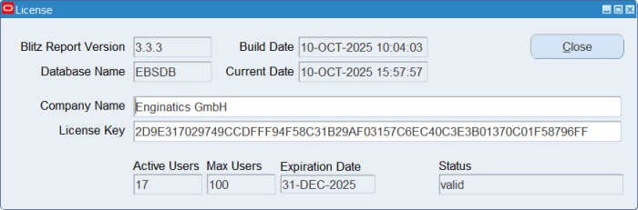 Applying the Blitz Report license key in the Oracle EBS Blitz Report setup form