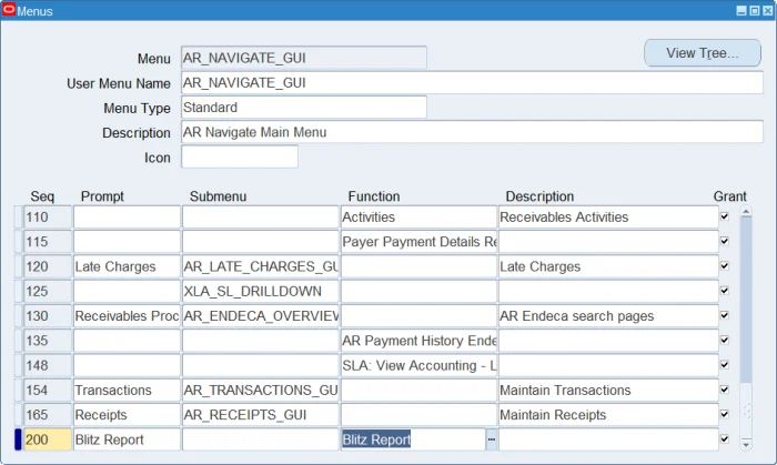Adding the Blitz Report function to an Oracle EBS menu via the Menus form