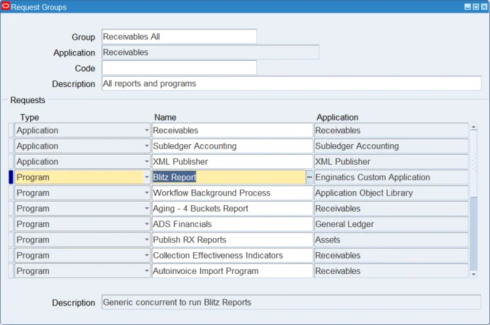 Adding the Blitz Report concurrent program to an Oracle EBS request group