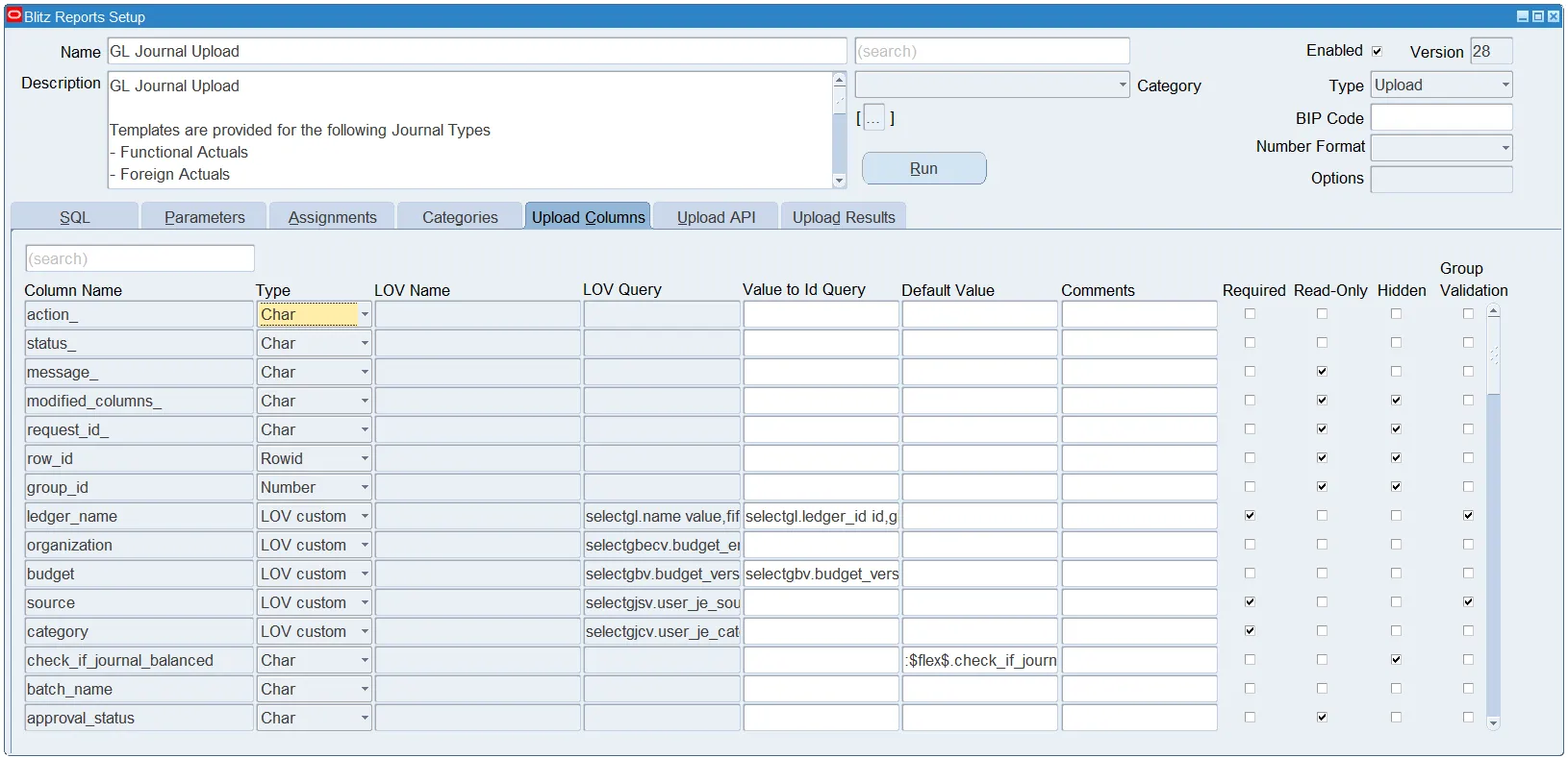 Blitz Upload Setup form Upload Columns tab configuring per-column properties for the Excel template