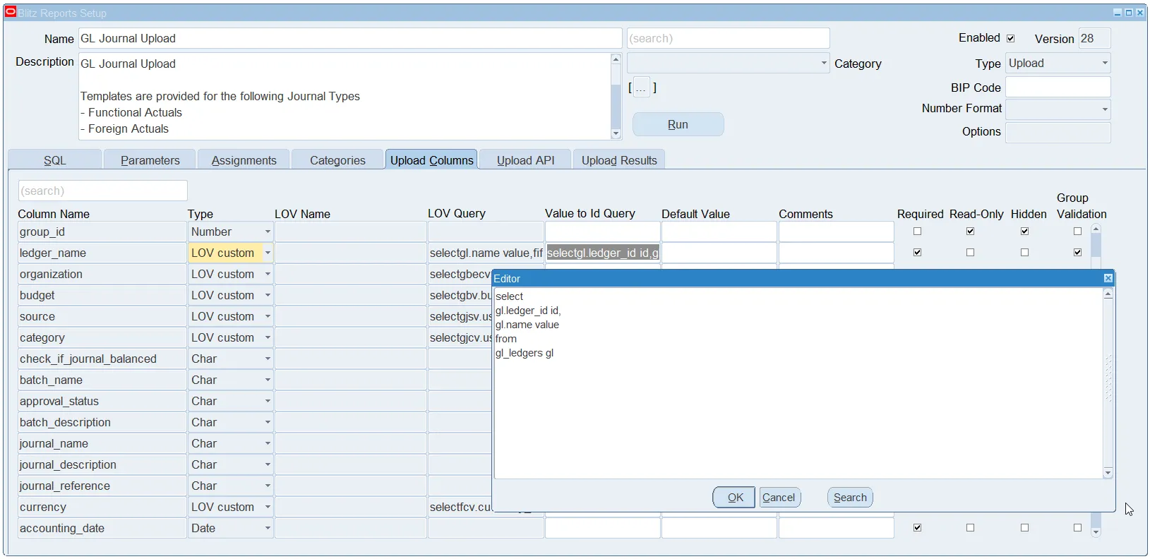 Blitz Upload Value to Id Query converting a display value entered in Excel to an Oracle ID at upload time