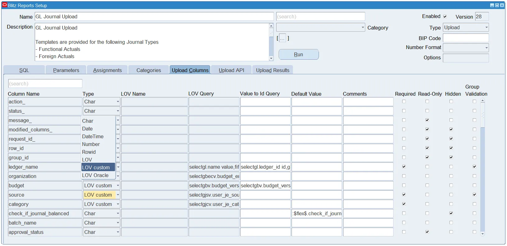 Blitz Upload column Type field selecting text, number, date or LOV for an Excel column