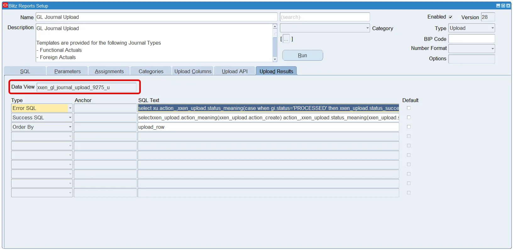 Blitz Upload Data view listing uploaded rows with their status, messages and audit fields