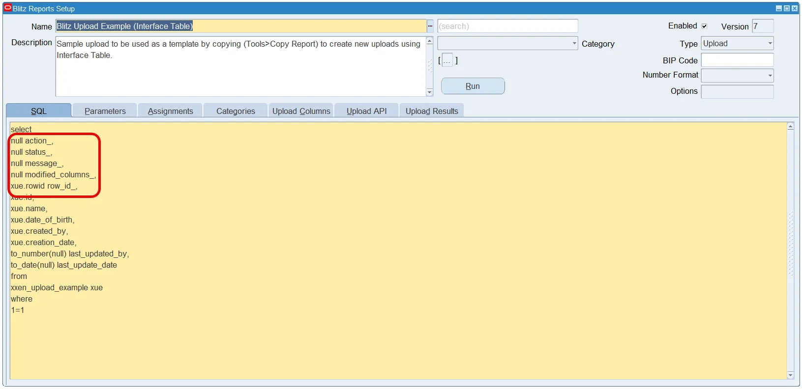 Blitz Upload main SQL mapping Excel columns to an Oracle EBS interface table for data loading
