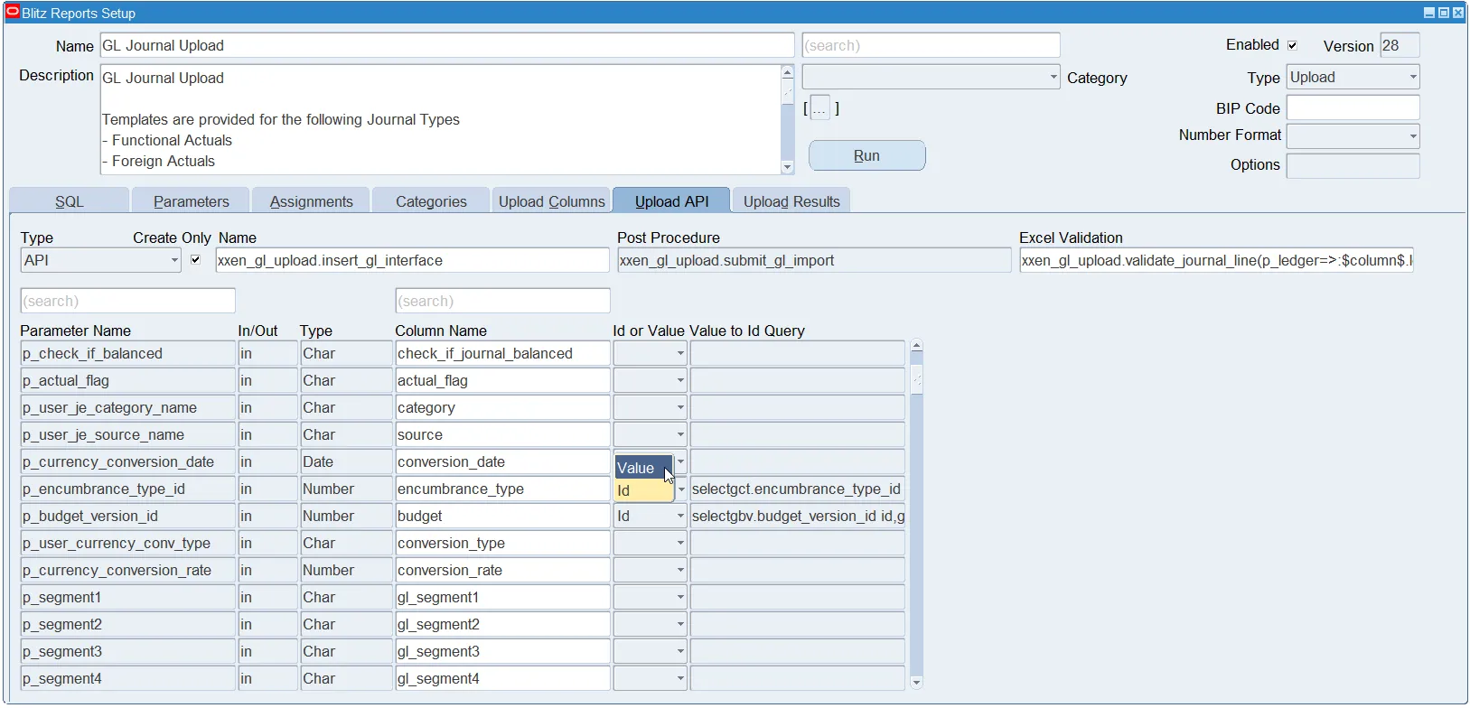 Blitz Upload Setup API Parameters tab mapping Excel columns to PL/SQL procedure parameters