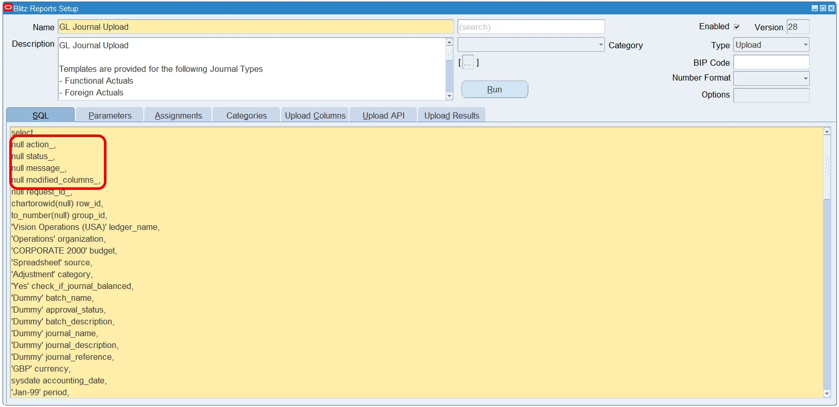 Blitz Upload Setup form SQL tab showing the main SELECT query that defines Excel columns