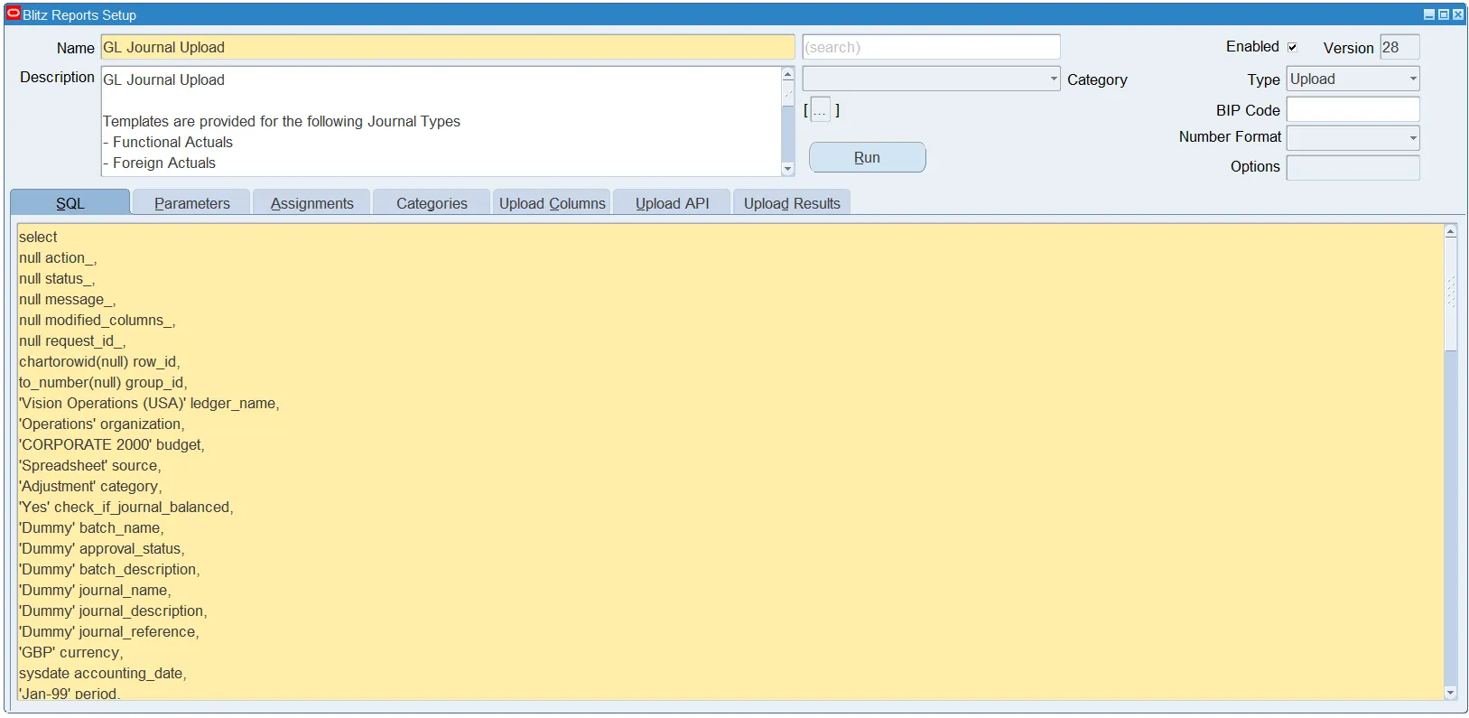 Blitz Upload Setup form header with upload name, type and category fields in Oracle EBS