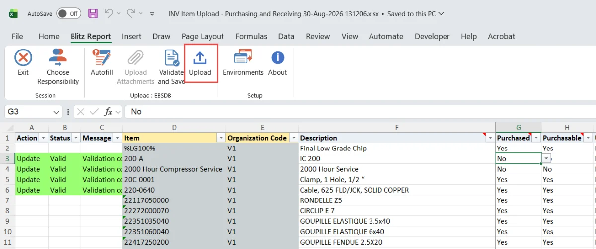 Upload button in the Blitz Report ribbon in Excel