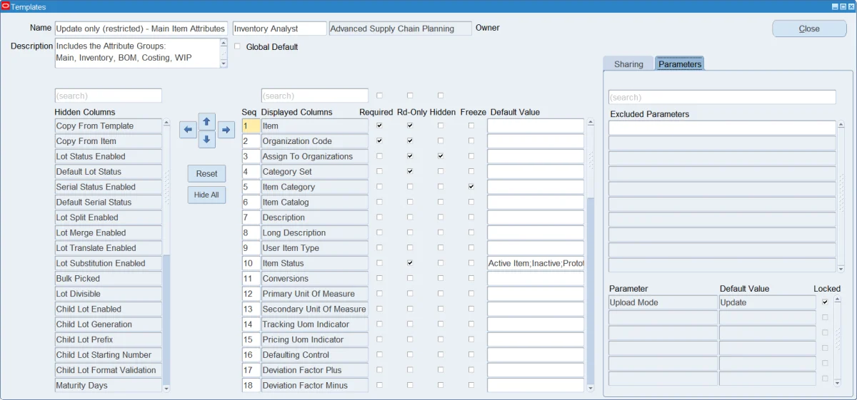 Upload template window showing the Required, Read-Only and Default Value column properties