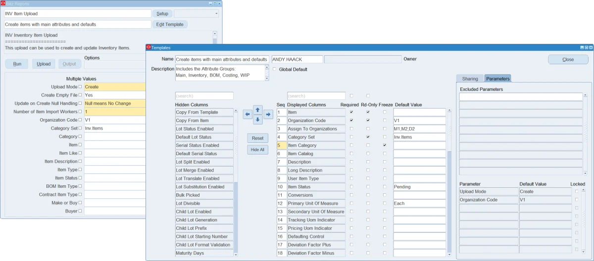 Generated upload workbook with a fixed grey column and an allowed-value dropdown