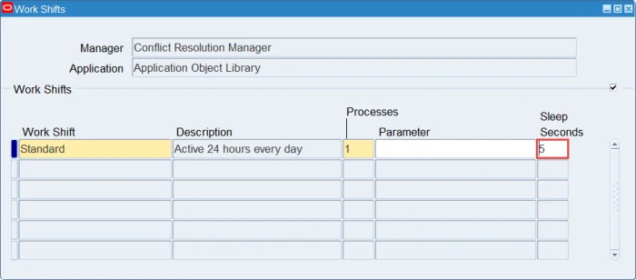 Oracle EBS Conflict Resolution Manager sleep time set to 5 seconds for faster Blitz Report execution